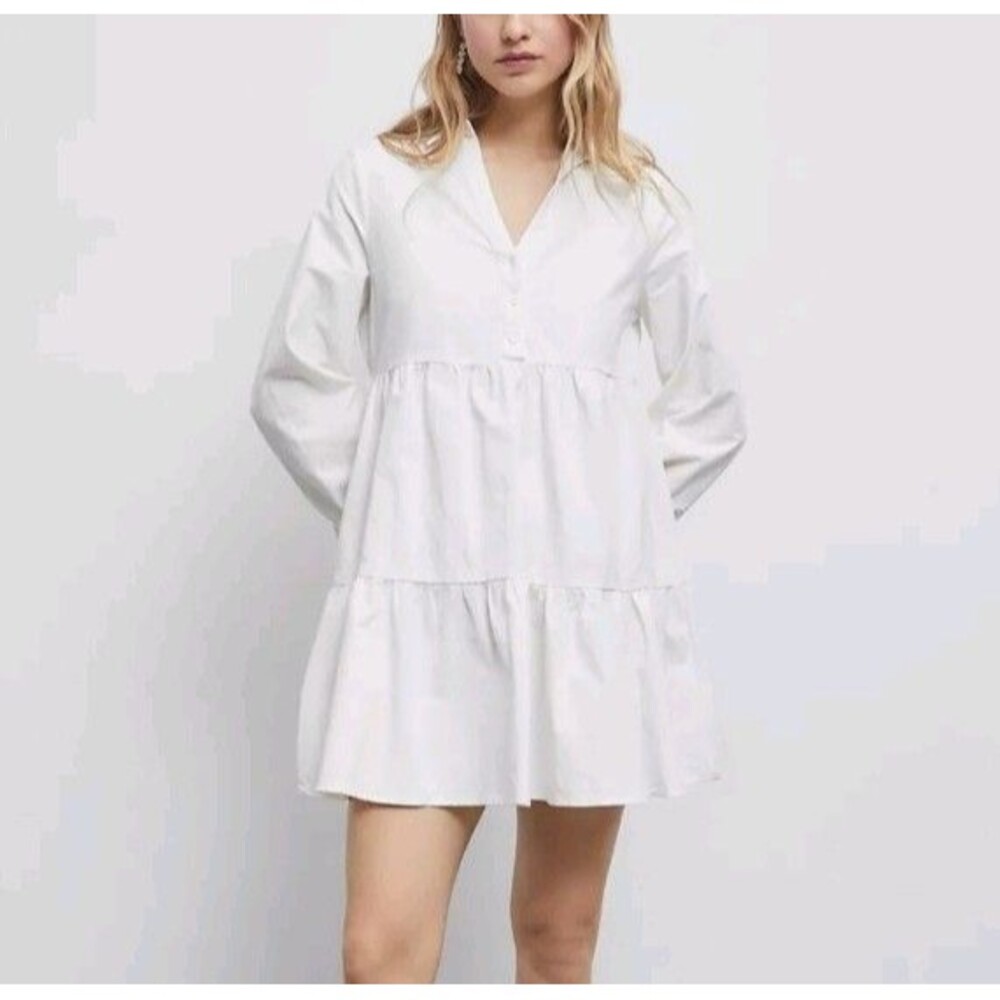 Zara White Tiered Shirt Mini Dress Collared Cotton V Neck Women's Medium